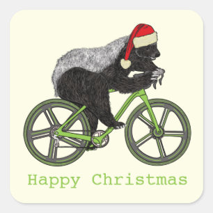 Frohe Weihnachten Honigdachs Auf Fahrrad  Quadratischer Aufkleber