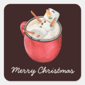 Frohe Weihnachten Hot Cocoa Marshmallow Snowman Quadratischer Aufkleber (Vorderseite)