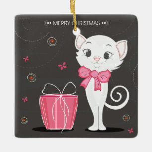 Frohe Weihnachten Hübsche White Kitty in Pink Keramikornament
