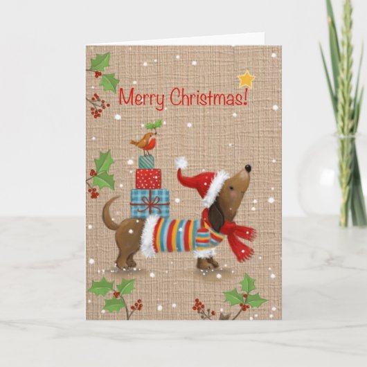 Frohe Weihnachten, Hund mit Geschenken auf seinem Karte (Vorderseite)