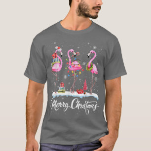Frohe Weihnachten Hut Santa Flamingo Licht Schnee  T-Shirt
