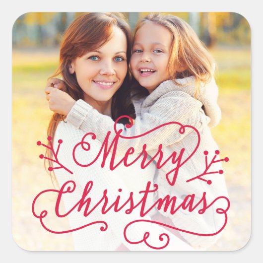 Frohe Weihnachten im Red Script Holiday Foto Quadratischer Aufkleber (Vorderseite)