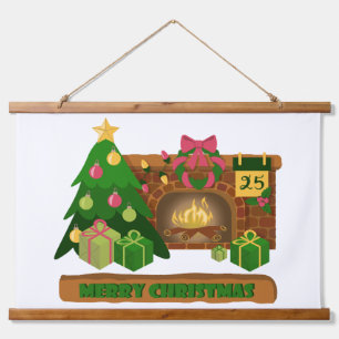 Frohe Weihnachten in der Nähe von Feuerfeuer Weihn Wandteppich Mit Holzrahmen