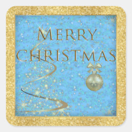 Frohe Weihnachten in Gold und Blau Quadratischer Aufkleber