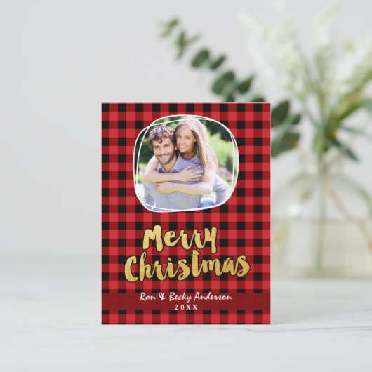 Frohe Weihnachten in goldfarbener Karierter Fotoka (Stehend Vorderseite)