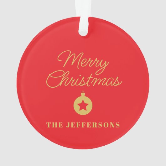 Frohe Weihnachten in hellroten und goldenen Farben Ornament (Rückseite)