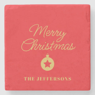 Frohe Weihnachten in hellroten und goldenen Farben Steinuntersetzer