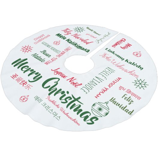 Frohe Weihnachten in jedem Sprach-Tree-Rock Polyester Weihnachtsbaumdecke (Schrägansicht)