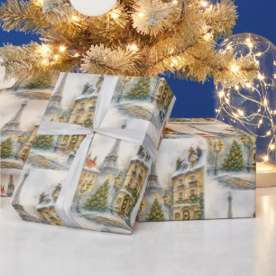 Frohe Weihnachten in Paris Aquarell Eiffelturm  Geschenkpapier