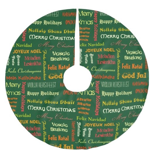 Frohe Weihnachten in verschiedenen Sprachen Polyester Weihnachtsbaumdecke (Vorderseite)