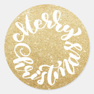 Frohe Weihnachten Kalligrafie Kranz Gold Glitter Runder Aufkleber