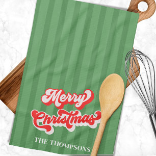 Frohe Weihnachten Kalligrafie Retro-Stil Rot Grün  Geschirrtuch