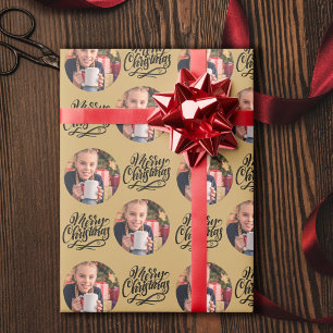 Frohe Weihnachten Kalligrafie Runde Foto Gold Geschenkpapier