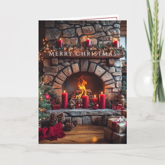 Frohe Weihnachten Kamin Rote Kerzen Zapfen Karte (Vorderseite)