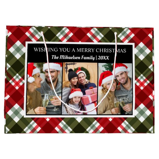 Frohe Weihnachten Kariert Tartan FotoCollage Große Geschenktüte (Rückseite)