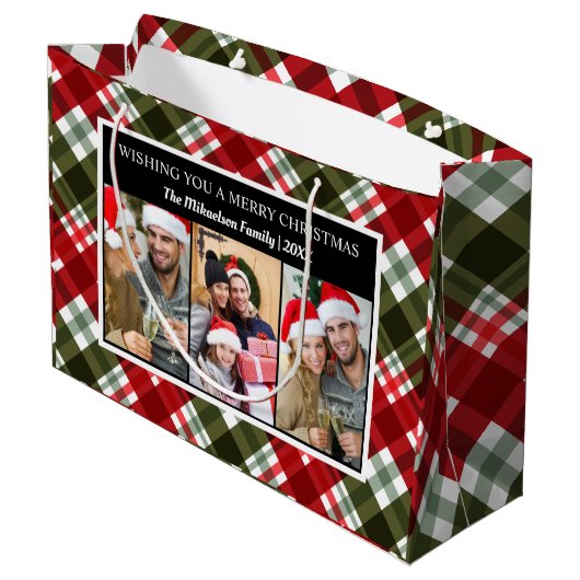 Frohe Weihnachten Kariert Tartan FotoCollage Große Geschenktüte (Rückseite Schrägansicht)