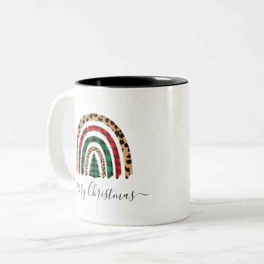 Frohe Weihnachten Kariert und Leopard Print Rainbo Zweifarbige Tasse (Vorderseite Links)