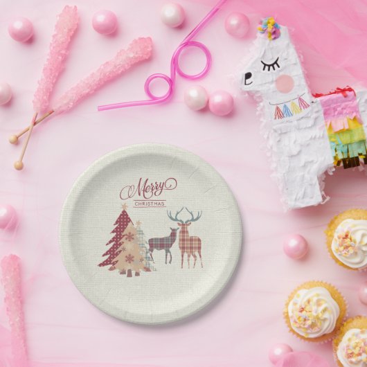 Frohe Weihnachten Karierte Bäume, Hirschpapierplat Pappteller (Party)