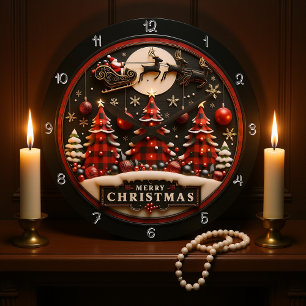 Frohe Weihnachten Karierte Bäume Santa Sleigh Große Wanduhr