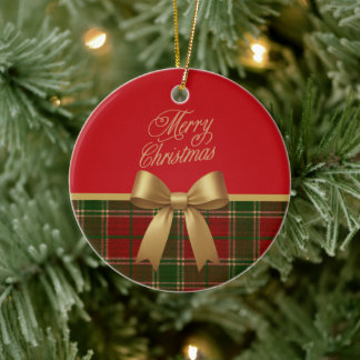 Frohe Weihnachten Karo-Ornament mit goldenem Bogen Keramik Ornament