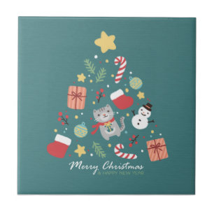 Frohe Weihnachten: Kat & Tree Illustration Fliese