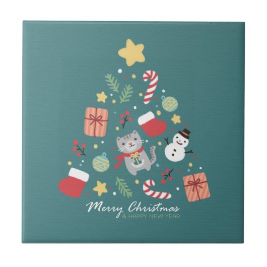 Frohe Weihnachten: Kat & Tree Illustration Fliese (Vorderseite)