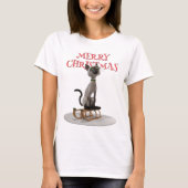 Frohe Weihnachten. Katze auf Schlitten T-Shirt (Vorderseite)