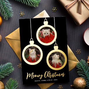 Frohe Weihnachten Katze Goldene Christbaumkugeln 3 Folien Feiertagskarte