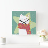 Frohe Weihnachten: Katze Illustration Quadratische Wanduhr (Zuhause)
