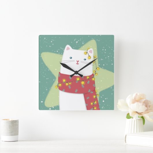 Frohe Weihnachten: Katze Illustration Quadratische Wanduhr (Zuhause)