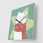 Frohe Weihnachten: Katze Illustration Quadratische Wanduhr (Winkel)