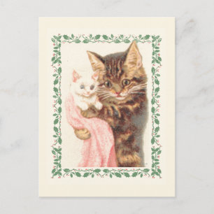 Frohe Weihnachten Katze Kätzchen Stechpalme Vintag Postkarte