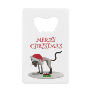 Frohe Weihnachten. Katze mit Weihnachtsmannmütze Geldbeutel Flaschenöffner