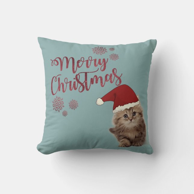 Frohe Weihnachten, Katze mit Weihnachtsmannmütze Kissen (Vorderseite)