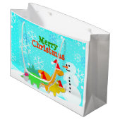 Frohe Weihnachten Kawaii Dinosaurier-Schneemann Große Geschenktüte (Vorderseite Schrägansicht)