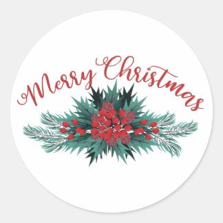 Frohe Weihnachten Kiefernzweig Stechpalme Beere We Runder Aufkleber