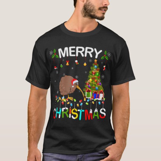 Frohe Weihnachten Kiwi Weihnachtsmannmütze Lights T-Shirt (Vorderseite)