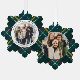 Frohe Weihnachten klassisch grün kariert zwei Foto Ornament Karte