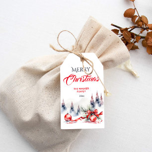 Frohe Weihnachten klassische rote Baubles und Kief Geschenkanhänger