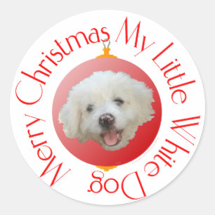 Frohe Weihnachten Kleiner Weißer Hund Runder Aufkleber
