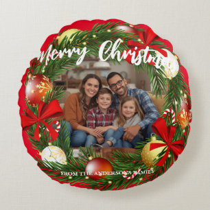 Frohe Weihnachten Kranz Foto Personalisiert Famili Rundes Kissen
