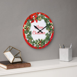 Frohe Weihnachten Kranz mit rotem Glitter Urlaub Große Wanduhr