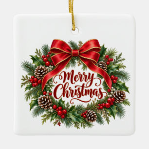 Frohe Weihnachten Kranz Quadrat Keramik-Ornament Keramikornament