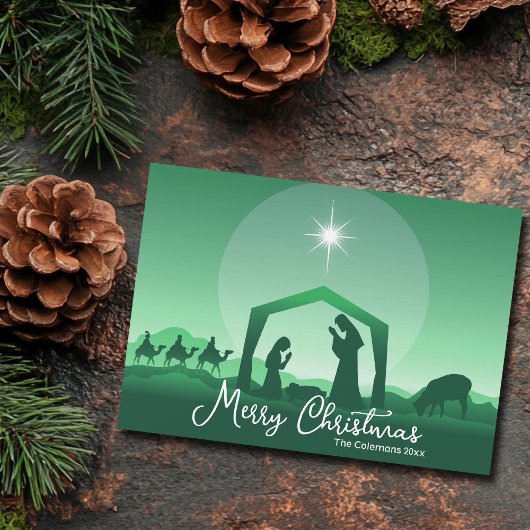 Frohe Weihnachten Krippenszene Grün Religiös