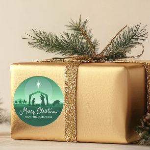 Frohe Weihnachten Krippenszene Grün Religiös Runder Aufkleber
