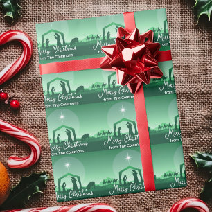Frohe Weihnachten Krippenszene Personalisiert Grün Geschenkpapier