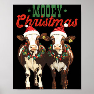 Frohe Weihnachten Kuh mit Santa Hüten Xmas Lichter Poster