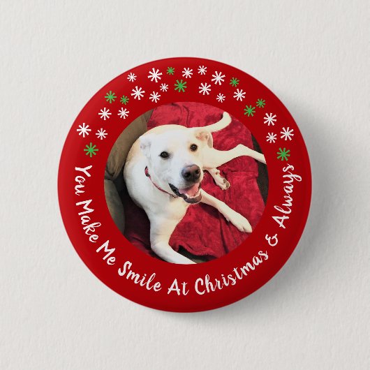 Frohe Weihnachten lächelnd Hund Foto Funny Red Cir Button (Vorderseite)