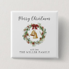 Frohe Weihnachten, Laubkranz mit goldenen Glocken Button