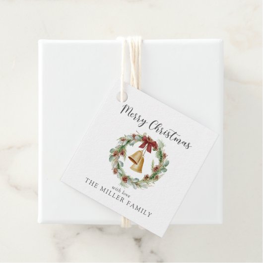 Frohe Weihnachten, Laubkranz mit goldenen Glocken Geschenkanhänger (Beispiel)